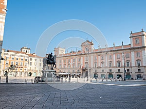 Farnese Equestrian Statue in Piazza dei Cavalli near the Gothic Town Hall in Piacenza, Italy