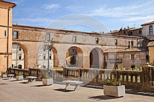 Farnese, Viterbo, Lazio, Italy: view of the old town with the ancient Ducal Viaduct Viadotto Ducale, 17th century bridge