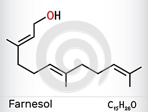 Farnesol molecule. It is derivative of terpenoids. It has a delicate odor and is used in perfumery. Skeletal chemical formula photo