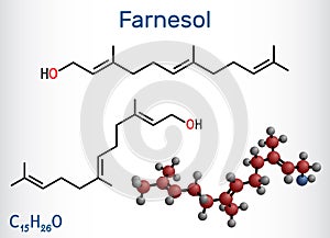Farnesol molecule. It is derivative of terpenoids. It has a delicate odor and is used in perfumery. Structural chemical formula photo