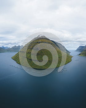 Faroe islands aerial drone view of mountain landscape of Kunoy, view from Klaksvik in the north atlantic ocean