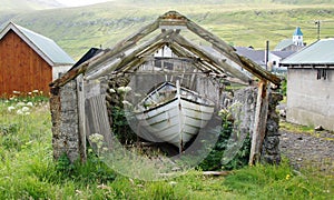 Faroe Islands, boat house in Gjogv