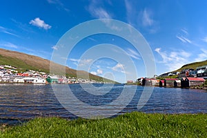 Faroe Islands, Small village overlooking a fjord