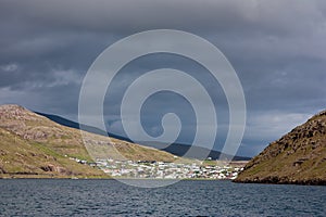 Faroe Islands, village of SÃ¸rvÃ¡gur from the sea