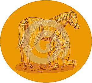 Farrier Placing Shoe on Horse Hoof Circle Drawing