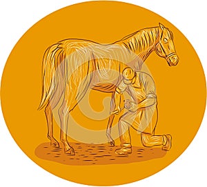 Farrier Placing Shoe on Horse Hoof Circle Drawing photo
