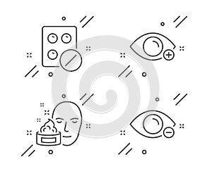 Farsightedness, Medical tablet and Face cream icons set. Myopia sign. Eye vision, Medicine pill, Gel. Vector photo