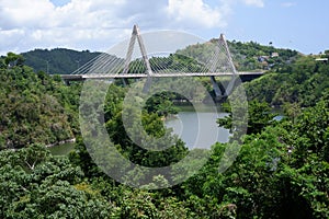 A farther away view of a suspension bridge in Puerto Rico