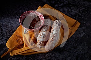 Fartons, typical pastries from Valencia, Spain, with hot chocolate. A sweet breakfast or snack