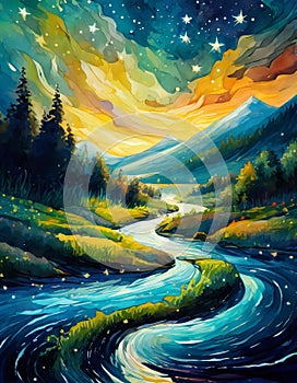 perspective river. fabulous painting illustration outstanding abstract stars turn resolution astonishing Cinematic photo