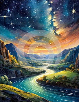 perspective river. fabulous painting illustration outstanding abstract stars turn resolution astonishing Cinematic photo