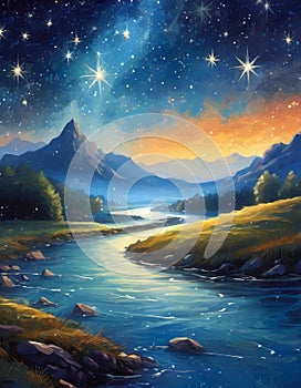 perspective river. fabulous painting illustration outstanding abstract stars turn resolution astonishing Cinematic photo