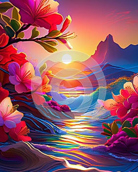 Farytale illustration of sea waters with waves, fabulous pink flowers in front photo