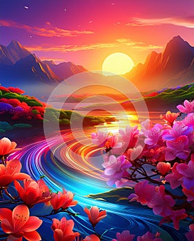 Farytale illustration of sea waters with waves, fabulous pink flowers in front photo