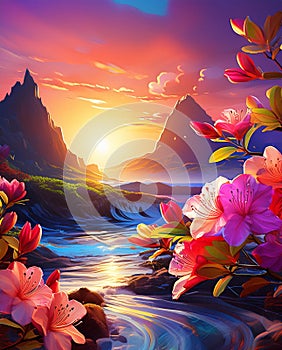 Farytale illustration of sea waters with waves, fabulous pink flowers in front photo