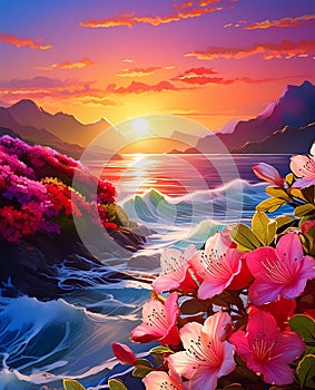 Farytale illustration of sea waters with waves, fabulous pink flowers in front photo