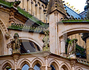 A fascade and statue of a large cathedral in a beautiful city photo