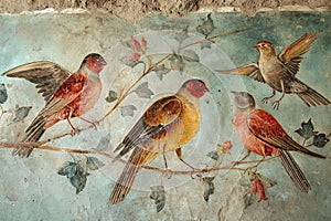 Fascinating Ancient fresco painting with birds. Generate ai