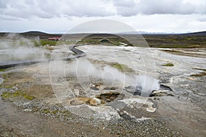 Fascinating landscape with fumaroles in the geothermic areal of Hveravellir in Iceland