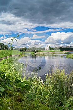 Fascinating riverside scenery of the Tmaka River near its joining the river Volga. The City Of Tver, Russia.