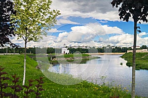 Fascinating riverside scenery of the Tmaka River near its joining the river Volga. The City Of Tver, Russia.