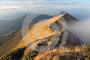 Fascinating view to the landscape with high mountains, fog, rocky crags, lawn with yellow grass, cloudy sky on the sunny day.