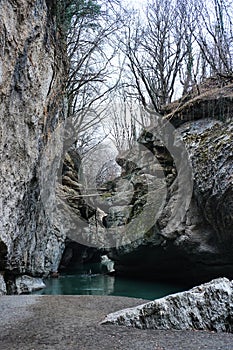 Fascinating views of nature of Russia. Gorge with mountain river and high cliffs on both sides. Caucasus reserve, Republic of