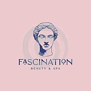 Fascination Beauty and SPA Abstract Vector Sign, Symbol, Logo Template. Hand Drawn Antique Greek Lady Statue Head photo
