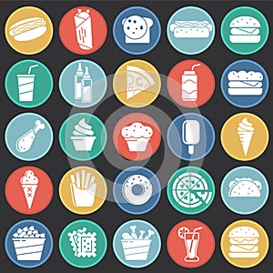 Fasfood icons set on color circles black background for graphic and web design, Modern simple vector sign. Internet concept.