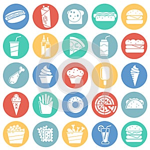 Fasfood icons set on color circles white background for graphic and web design, Modern simple vector sign. Internet concept.