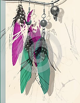 Fashion abstract image with feather earrings in turquoise and crimson colors