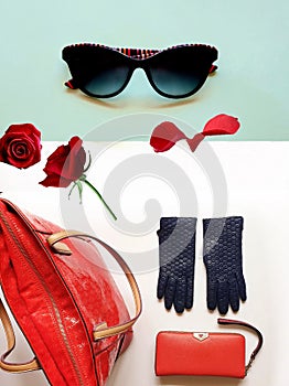 Fashion accessories red handbag wallet gloves sunglasses on white background roses petal luxury clothes for women
