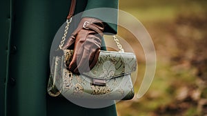 Fashion, accessory and style, autumn winter womenswear clothing collection, gloves and handbag, English countryside look photo