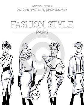 Fashion advertising brochure with set of black and white beautiful women models, Paris business card, beauty girls hand drawn vect