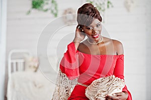 Fashion african american model in red beauty dress
