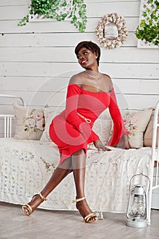 Fashion african american model in red beauty dress