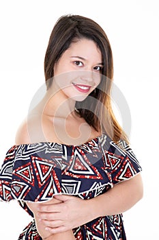 Fashion african clothes top wear by pretty cute caucasian girl in white background