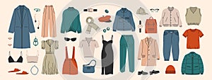 Fashion apparel set. Men women clothes accessories, cartoon stylish wardrobe dress shirt pants coat. Vector collection