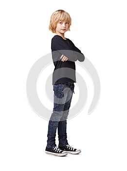 Fashion, arms crossed and portrait of child in studio for trendy, girl student and casual style. Beauty, cool and mockup