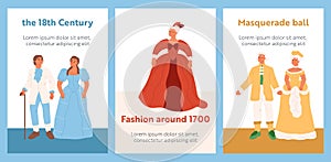 Fashion around 17th and 18th century vertical landing pages with people dressed in retro costumes