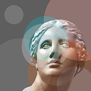 Fashion art collage with plaster antique sculpture of Venus face in a pop art style. Creative vogue concept image in