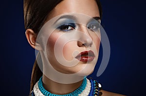 Fashion art portrait of beautiful woman with bright make up. Vog