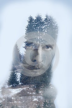 Fashion artistic double exposure image of bearded hipster