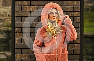 Fashion as unique as you are. Pink sheepskin coat. Fancy chic coat. Natural wool sheepskin coat. Fur on hood. Stay warm