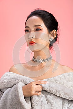 Fashion Asian Woman thin skin black hair eyes pink