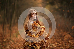 Fashion Autumn model, Fall Leaves Dress, Beauty Girl