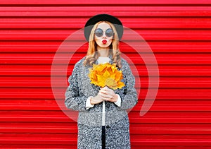 Fashion autumn young woman with red lips holds yellow maple leaves