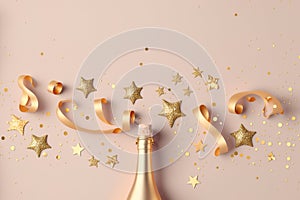 Fashion background with golden champagne bottle, confetti stars, holiday decoration and party streamers in flat lay style.