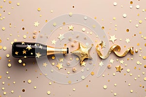 Fashion background with golden champagne bottle, confetti stars, holiday decoration and party streamers in flat lay style.