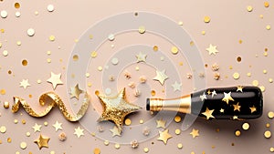 Fashion background with golden champagne bottle, confetti stars, holiday decoration and party streamers in flat lay style.